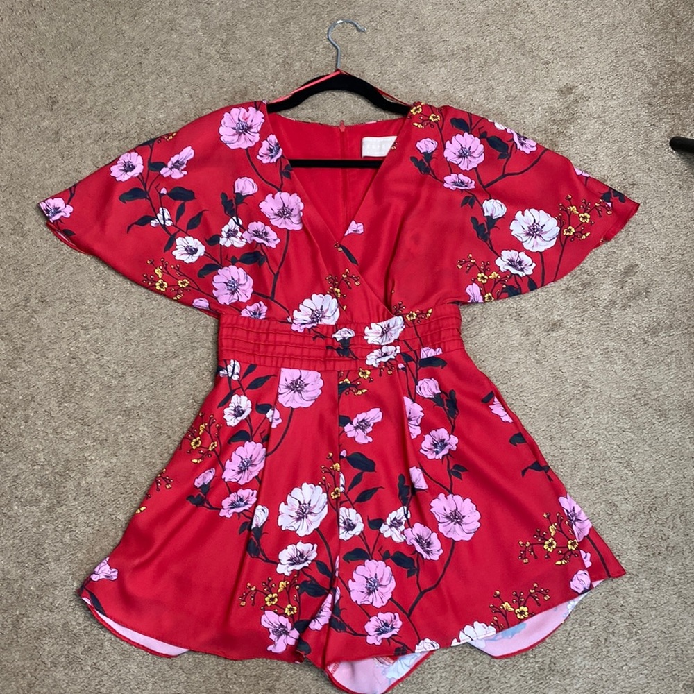 Red Floral V-Neck Romper with Elastic Waist